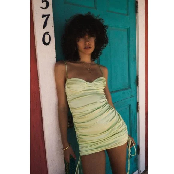 Zara | Dresses | Nwt Zara Size L Lime Green Ruched Satin Effect Dress |  Poshmark